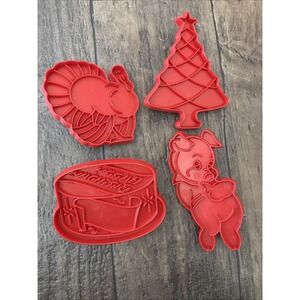 Vtg Tupperware Red Plastic Holiday Cookie Cutters Set of 4 Birthday Cake Pig
